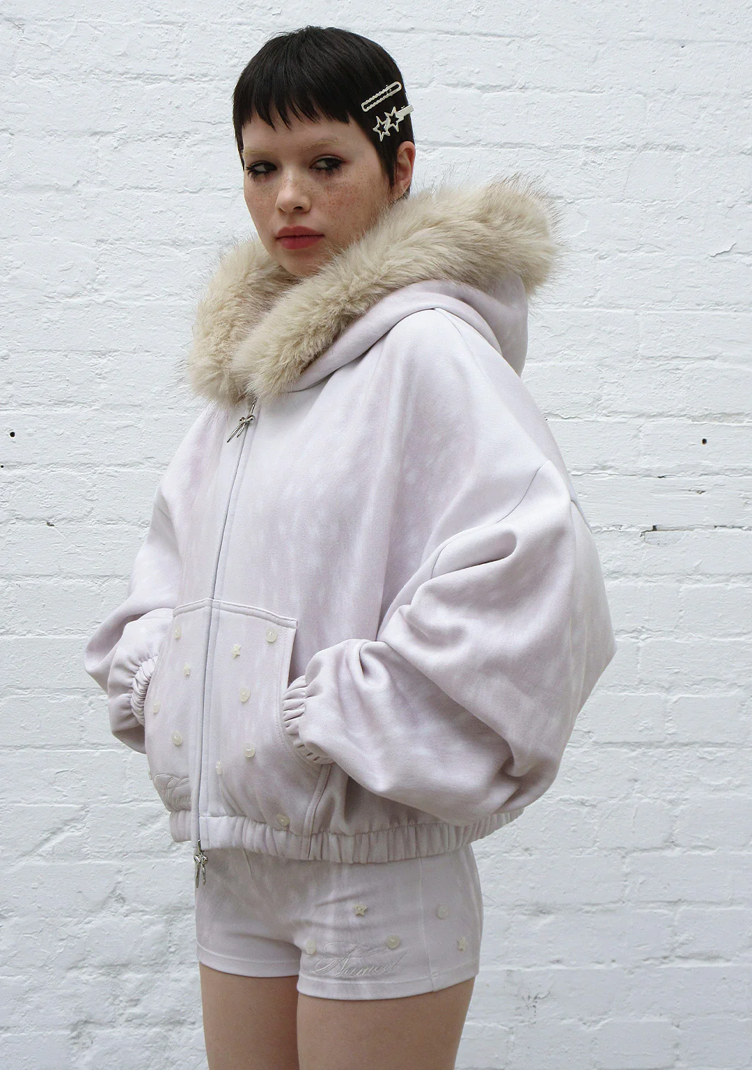 FAWN FAUX FUR CROP ZIP HOODIE OFF WHITE (DETACHABLE FUR) - Image 5